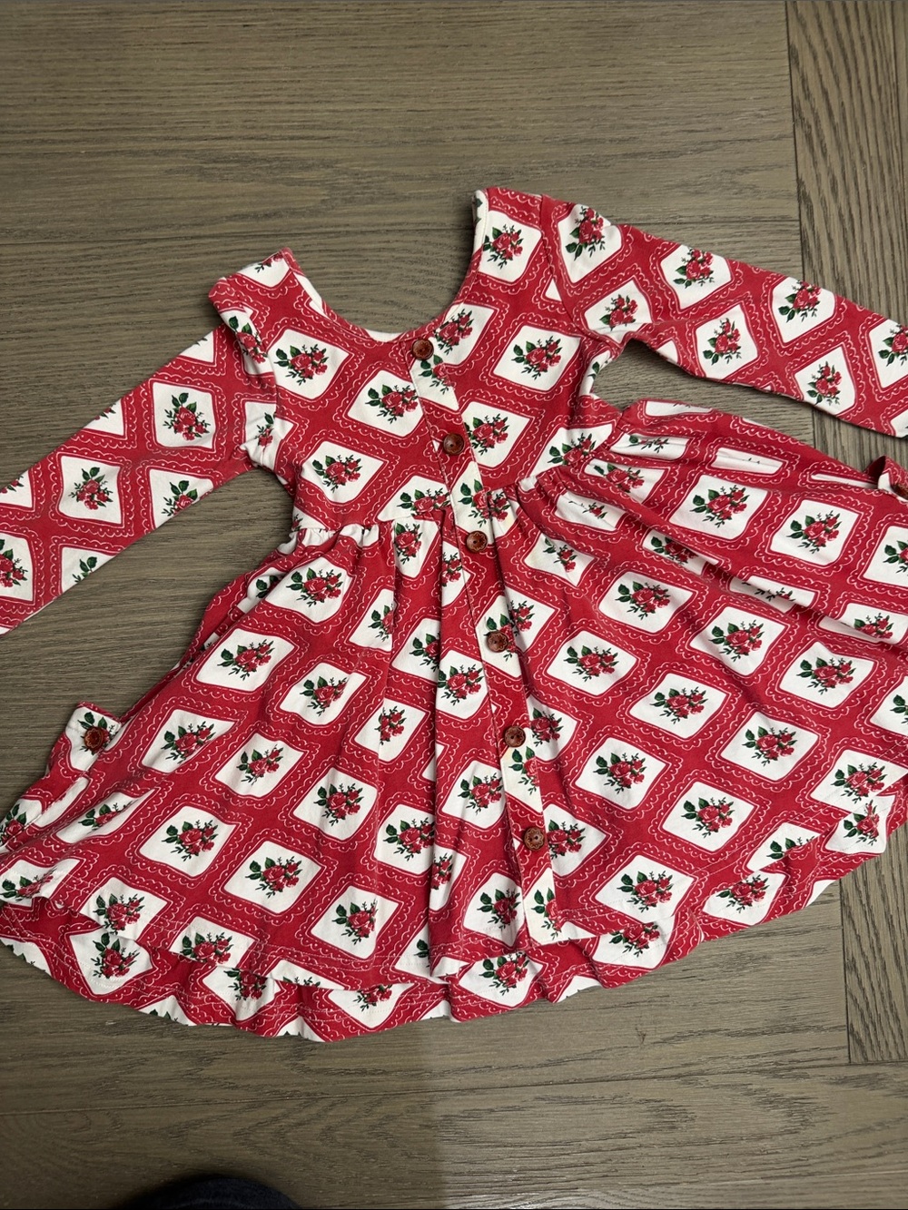 SweetHoney Red Floral Square-Panel Long Sleeve Prim Dress